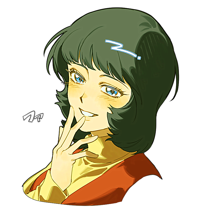 1girl, black_hair, blue_eyes, blush, fa_yuiry, grin, gundam, kamonekm