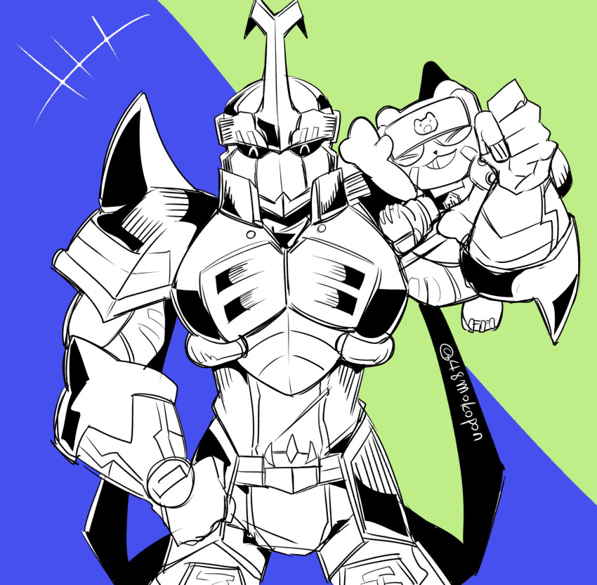 2boys, 48mokopon, armor, blitzmon, blue_background, chackmon, closed_eyes, cowboy_shot, digimon, digimon_(creature), green_background, greyscale_with_colored_background, happy, highres, horns, male_focus, multiple_boys, simple_background, single_horn
