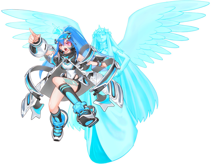 2girls, absurdres, argostars_-_glorious_adra, black_shorts, blue_hair, breasts, covered_navel, crown, duel_monster, full_body, game_cg, high_ponytail, highres, leg_tattoo, long_hair, multiple_girls, official_art, open_mouth, pink-tinted_eyewear, pointing, ponytail, red_eyes, shoes, shorts, sidelocks, solo, tattoo, teeth, third-party_source, tinted_eyewear, upper_teeth_only, wings, yu-gi-oh!