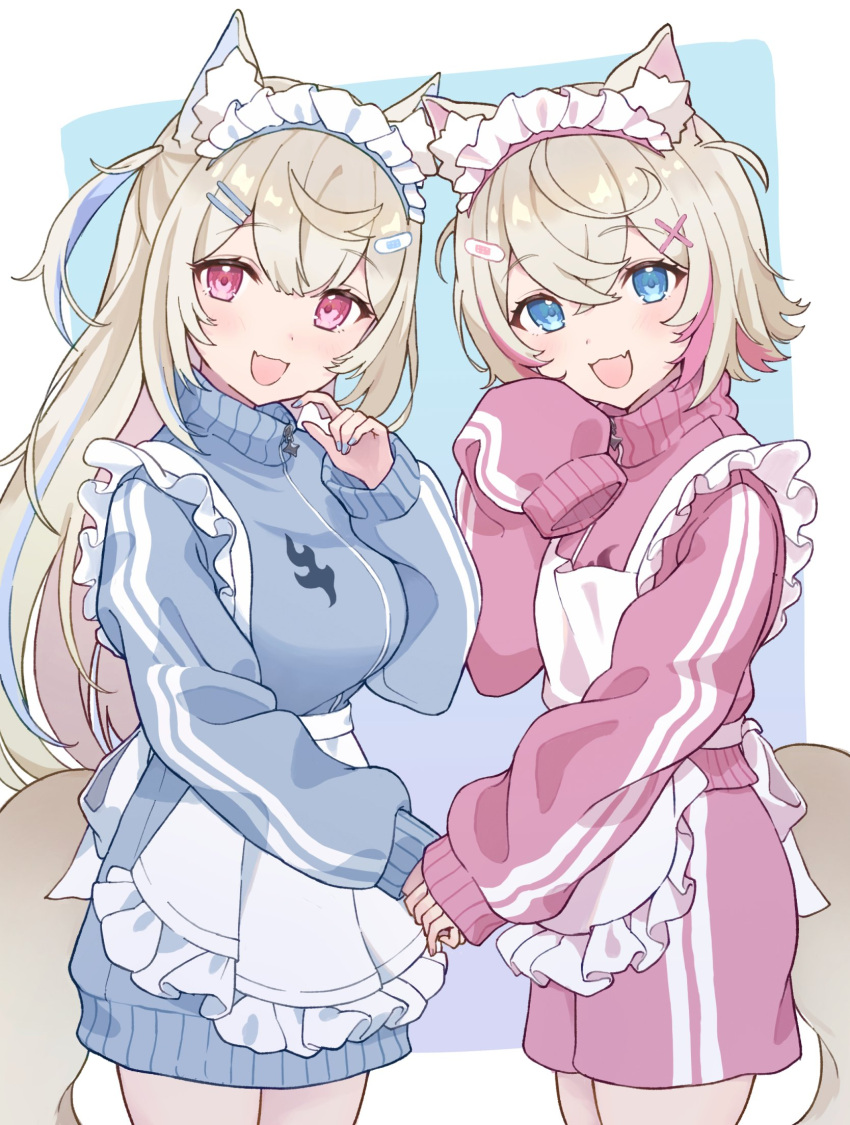 2girls, animal_ear_fluff, animal_ears, apron, blonde_hair, blue_background, blue_eyes, blue_hair