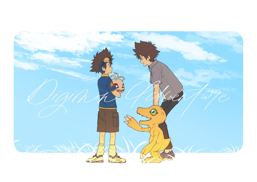 2boys, agumon, bent_over, black_pants, blue_headband, blue_shirt, blue_sky, border