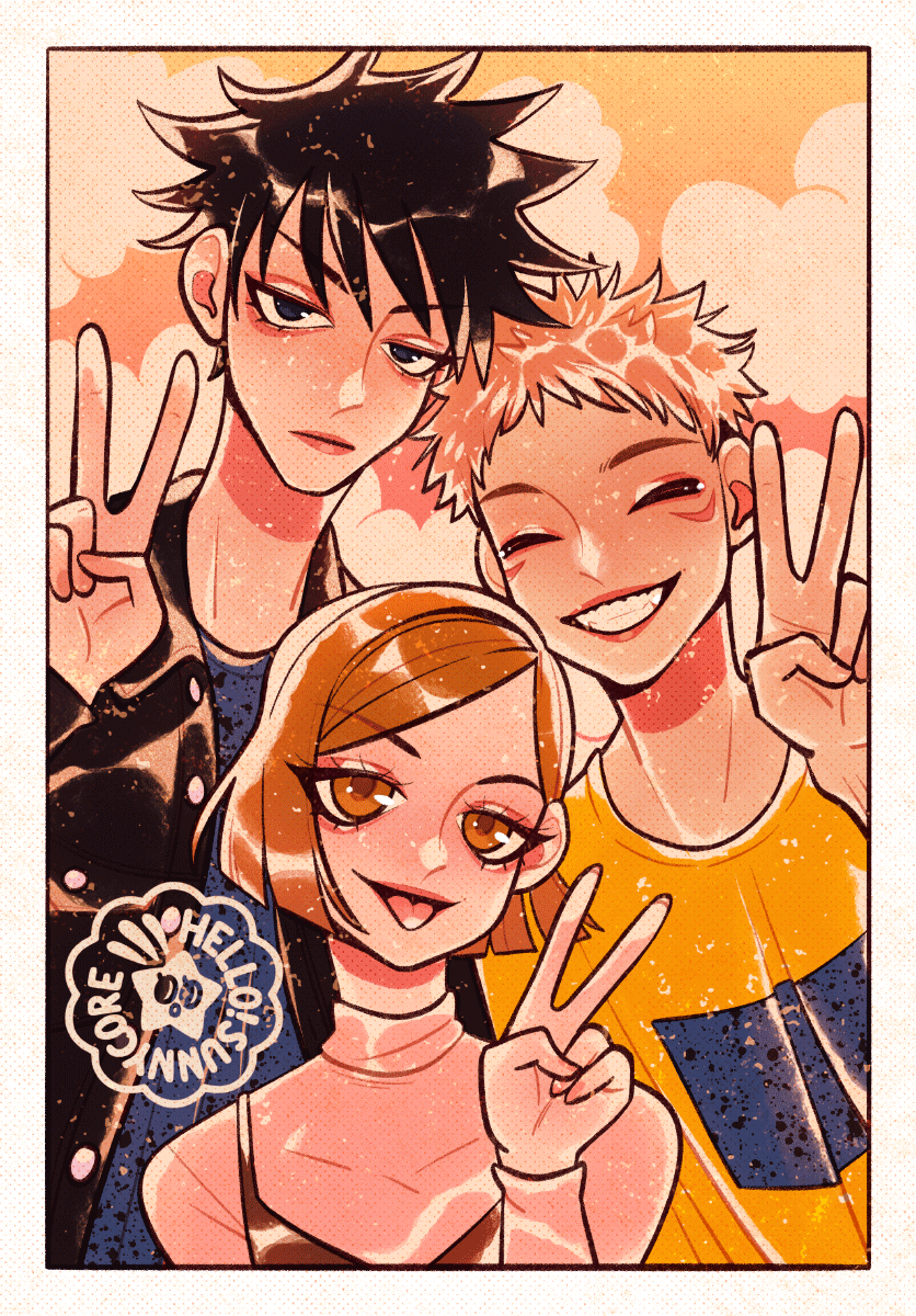 1girl, 2boys, ^_^, black_hair, black_jacket, bob_cut, brown_eyes, closed_eyes