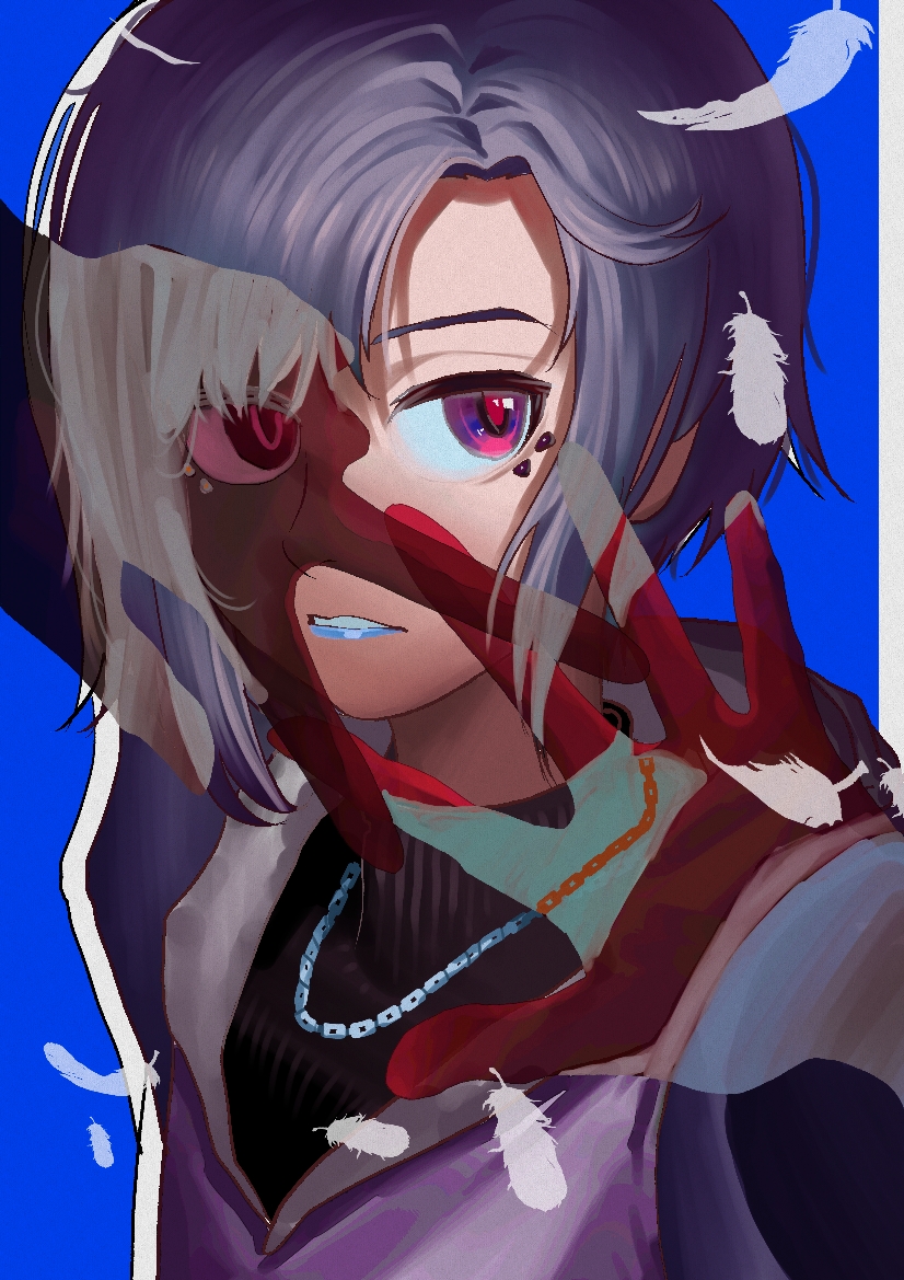 1girl, blue_background, blue_lips, commentary, falling_feathers, feathers, hood, hood_down, jewelry, l_laoge_beifen, necklace, number-only_commentary, original, short_hair, solo, turtleneck, white_feathers
