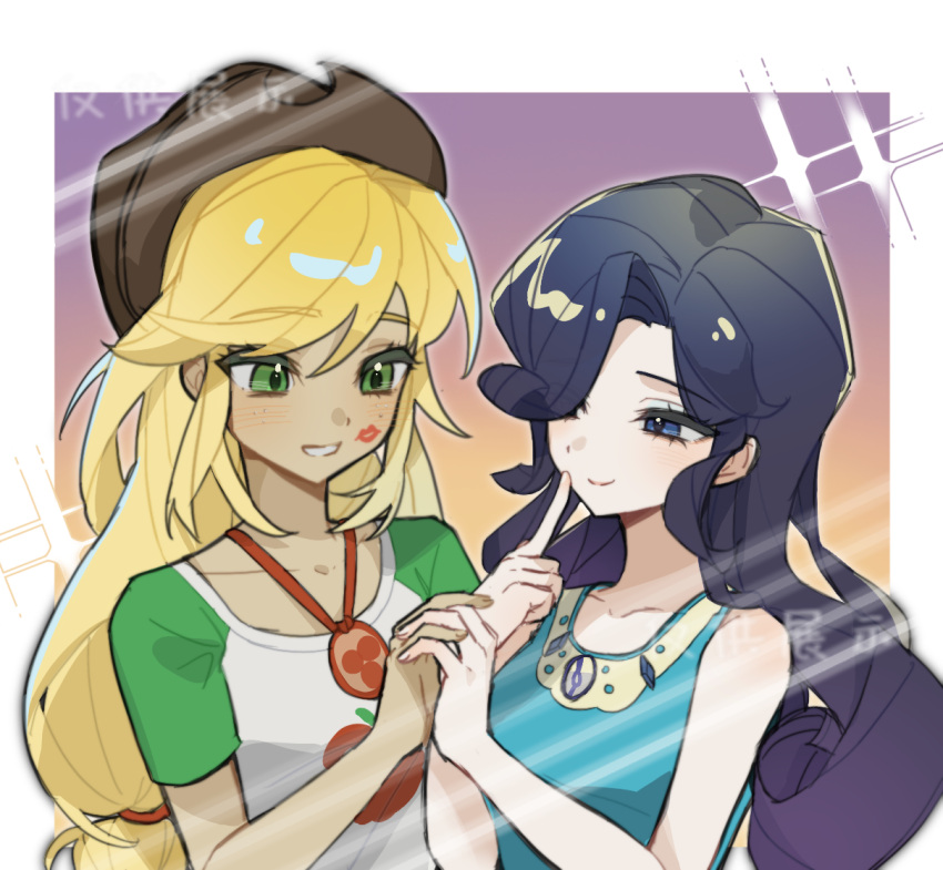 2girls, alternate_hair_color, apple_print, applejack, applejack_(equestria_girls), bare_arms, bare_shoulders, black_hair