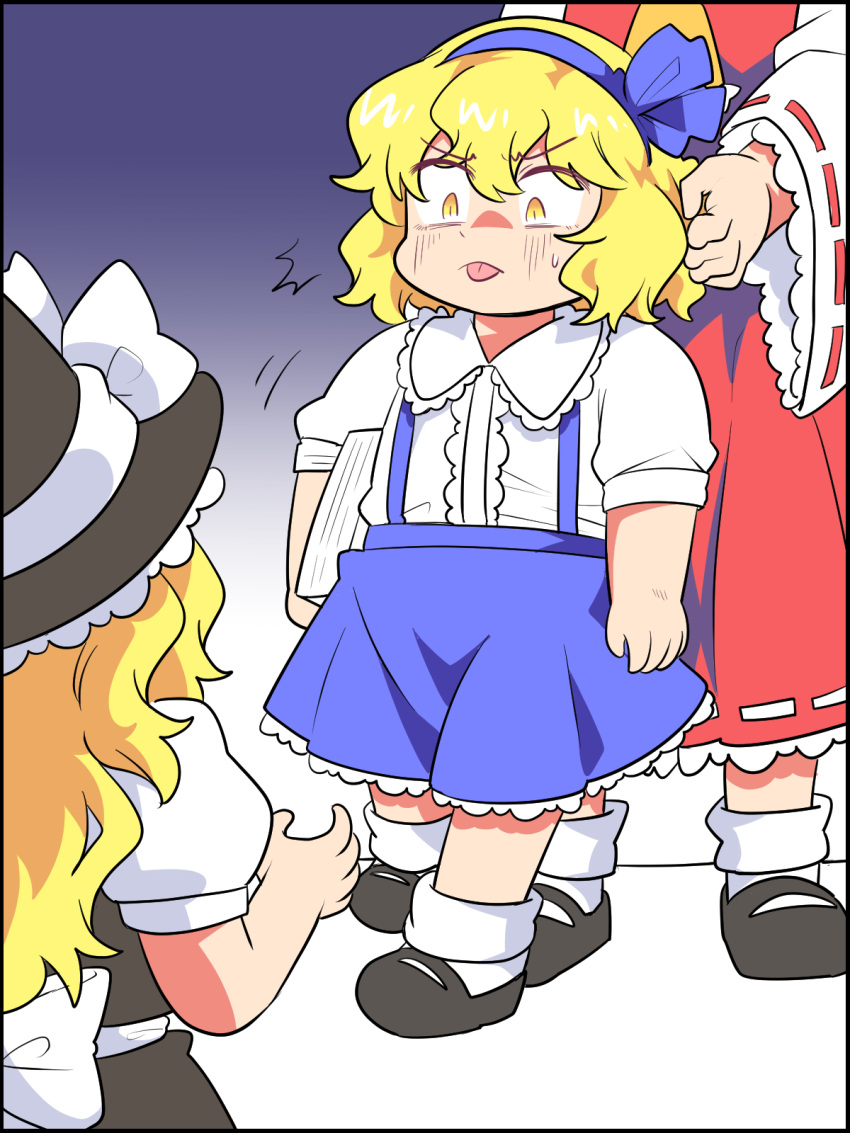 >:p, 3girls, :p, ^^^, alice_margatroid, alice_margatroid_(pc-98), angry, ascot, black_dress, black_hat, black_shoes, blonde_hair, blue_bow, blue_headband, blue_skirt, bobby_socks, book, bow, collar, constricted_pupils, curled_fingers, dot_nose, dress, frilled_collar, frilled_skirt, frills, from_behind, frown, gradient_background, hair_bow, hakurei_reimu, hat, head_out_of_frame, headband, highres, holding, holding_book, kirisame_marisa, long_hair, mary_janes, motion_lines, multiple_girls, puffy_short_sleeves, puffy_sleeves, red_skirt, sanpaku, sekaihebi, shade, shirt, shoes, short_hair, short_sleeves, skirt, socks, suspender_skirt, suspenders, sweatdrop, tongue, tongue_out, touhou, white_bow, white_shirt, white_socks, wide_sleeves, witch_hat, yellow_ascot, yellow_eyes