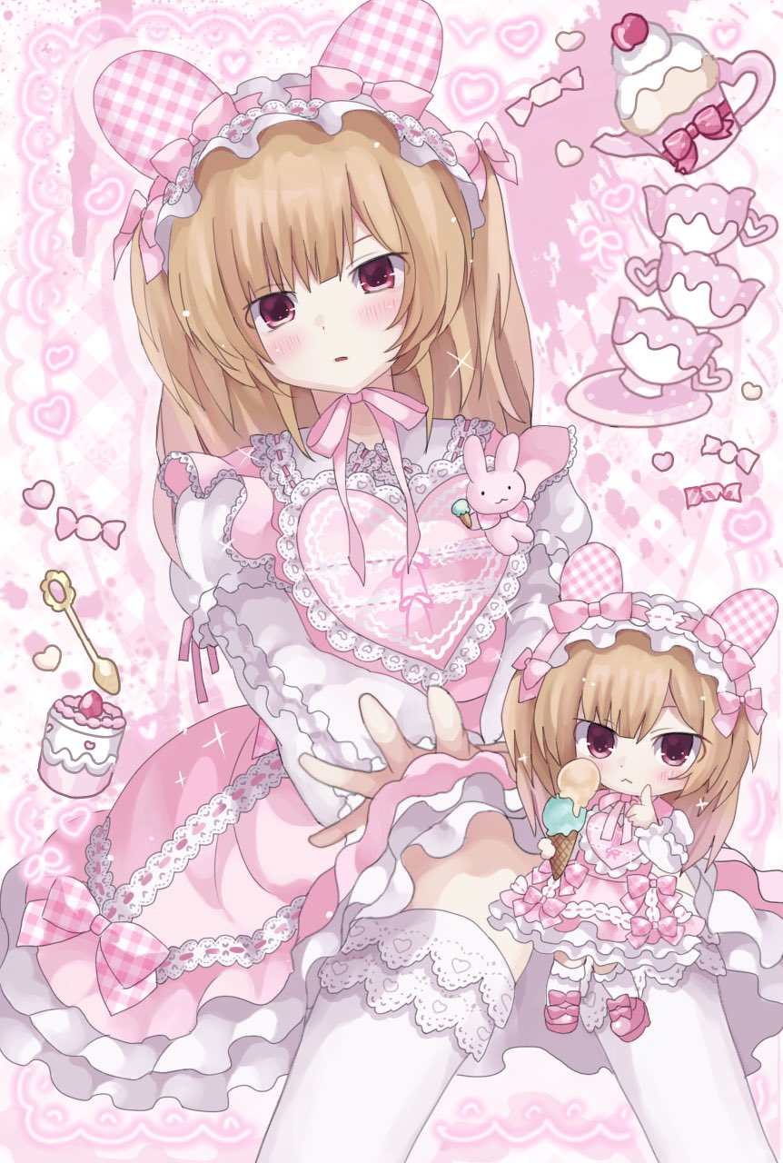 1girl, animal_ears, blonde_hair, bow, cake, candy, chibi, chibi_inset