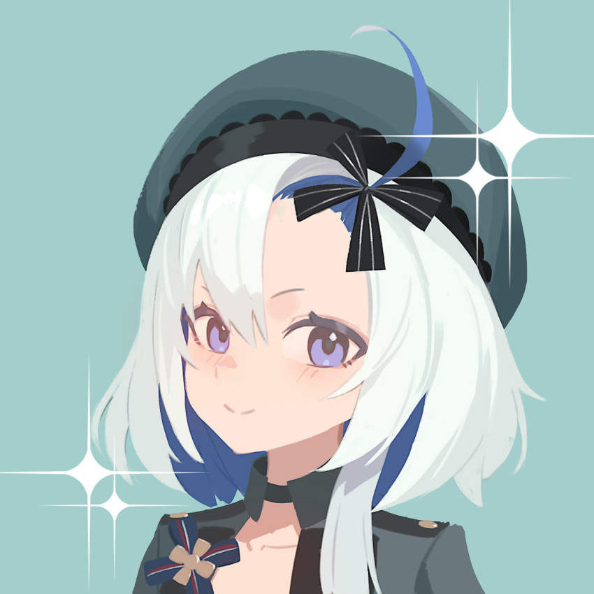 1girl, azur_lane, beret, black_ribbon, blue_background, blue_eyes, blue_hair, closed_mouth