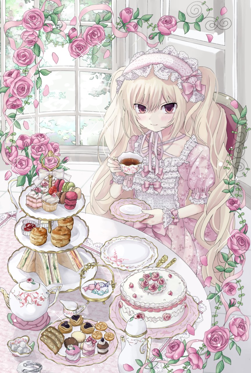 1girl, blonde_hair, bow, cake, classic_lolita, cookie, cup, cupcake