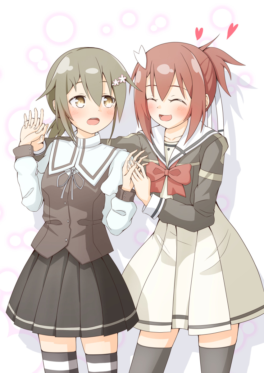 2girls, :d, ^_^, black_skirt, black_thighhighs, blush, bow, bowtie