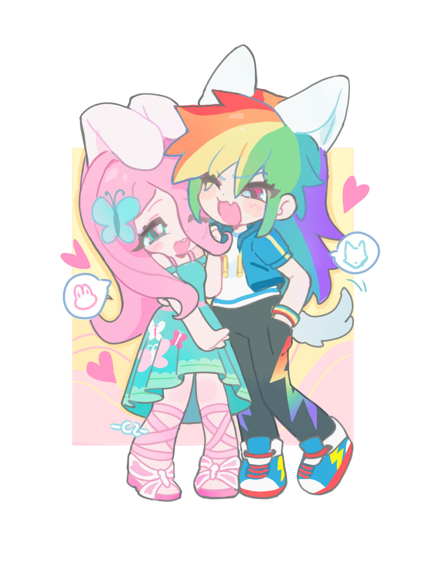2girls, ;d, absurdres, alternate_skin_color, animal_ears, animal_print, blonde_hair, blue_hair