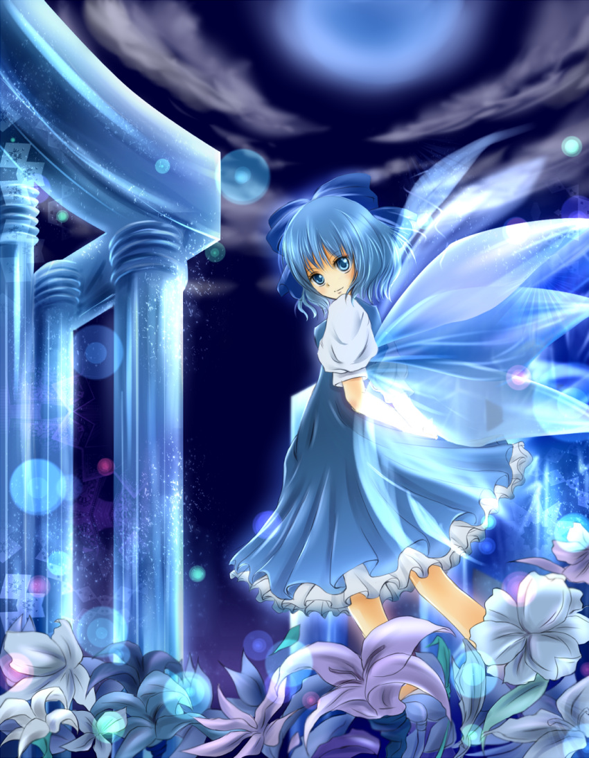 arms_behind_back, blue, blue_eyes, blue_hair, blue_moon, bow, cirno, dress