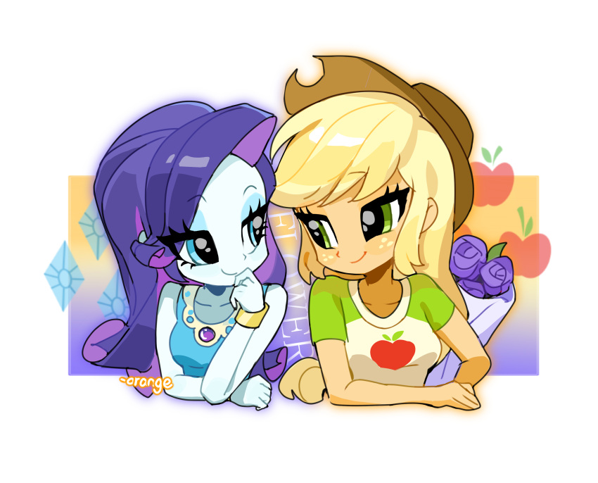 2girls, absurdres, applejack, applejack_(equestria_girls), arm_rest, bare_arms, bare_shoulders, blonde_hair