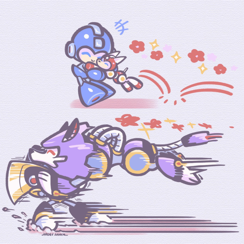 2boys, armor, bass_(mega_man), black_armor, black_helmet, blue_bodysuit, blue_helmet, bodysuit