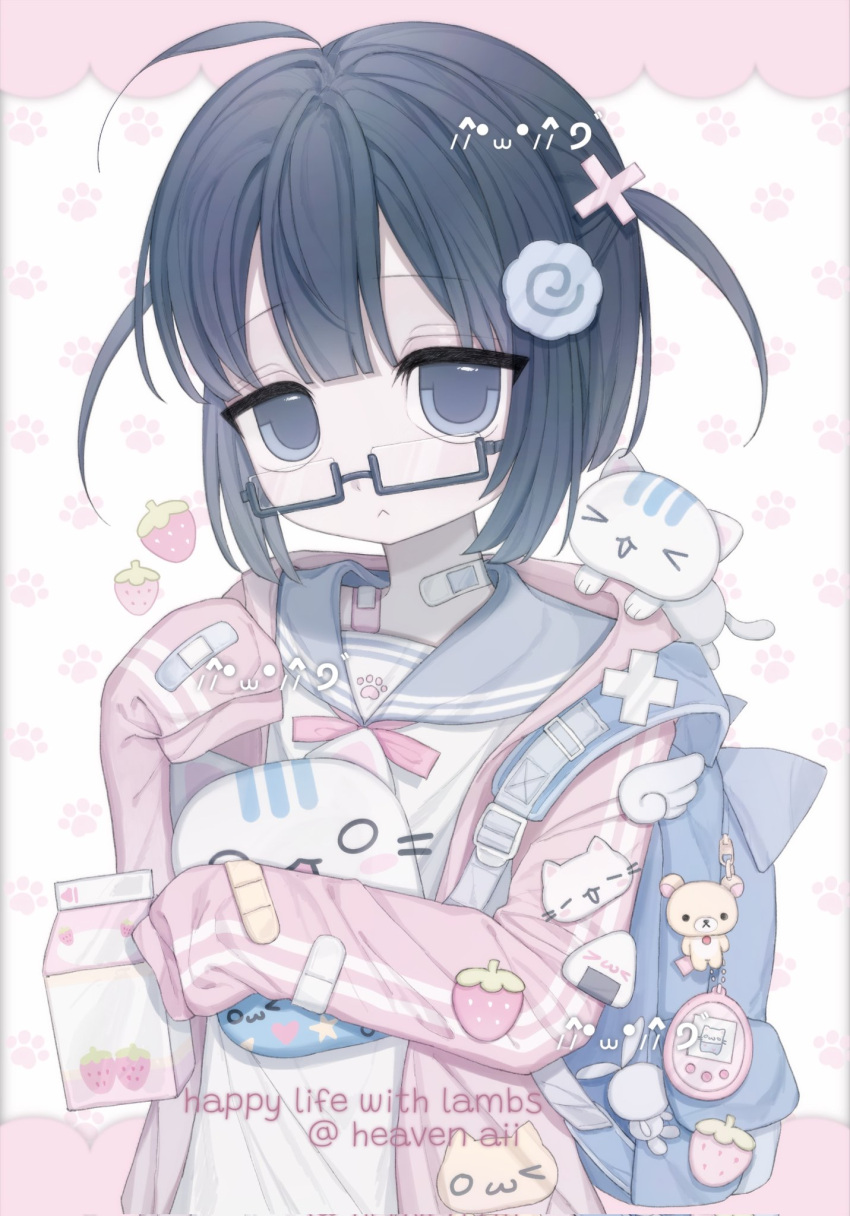 1girl, 2000s_(style), ahoge, aiiares, bag_charm, bandaid, blue_bag, blue_eyes, blue_hair, cameo, cat, character_charm, charm_(object), child, commentary, commission, faux_retro_artstyle, food, fruit, glasses, heisei_retro, highres, jacket, kaomoji, korilakkuma, long_sleeves, looking_at_viewer, onigiri, original, pink_jacket, san-x, school_uniform, serafuku, short_hair, solo, strawberry, stuffed_animal, stuffed_toy, symbol-only_commentary, tamagotchi, tamagotchi_(virtual_pet), tamagotchi_on, teddy_bear, track_jacket, two_side_up, upper_body, watermark