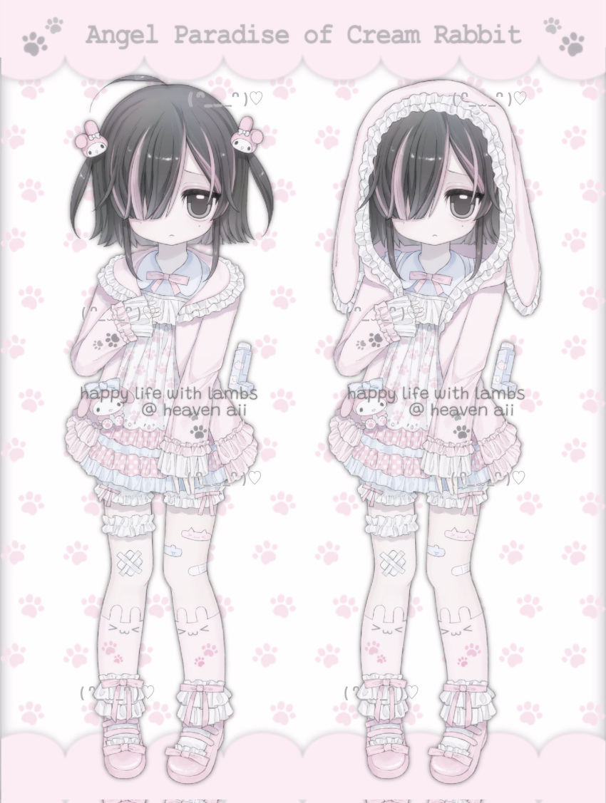 1girl, 2000s_(style), aiiares, animal_ears, bandaid, bandaid_on_leg, black_hair, bloomers, bow, child, chinese_commentary, commentary_request, commission, fake_animal_ears, fashion, faux_retro_artstyle, frilled_skirt, frilled_socks, frills, grey_eyes, hair_over_one_eye, heisei_retro, highres, hood, hood_up, hooded_jacket, jacket, kaomoji, long_hair, long_sleeves, looking_at_viewer, multiple_views, my_melody, onegai_my_melody, original, pastel_colors, pink_jacket, pink_shoes, pink_skirt, sanrio, shirt, shoes, skirt, socks, watermark, white_bloomers, white_shirt, white_socks, yume_kawaii