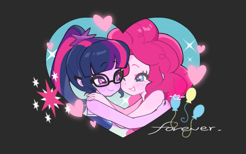 2girls, ;d, absurdres, bare_arms, bare_shoulders, black-framed_eyewear, black_border, black_hair
