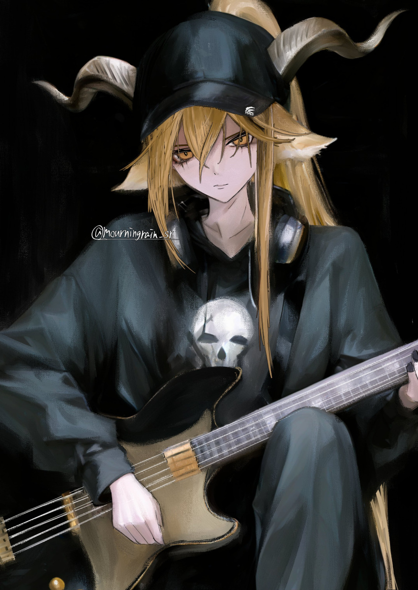 1girl, absurdres, animal_ears, arknights, baseball_cap, bass_guitar, black_hat, black_nails