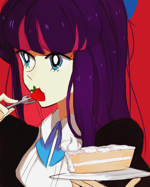 cake, eating, food, fork, fruit, kite-mitiko, panty_&amp;_stocking_with_garterbelt, purple_hair