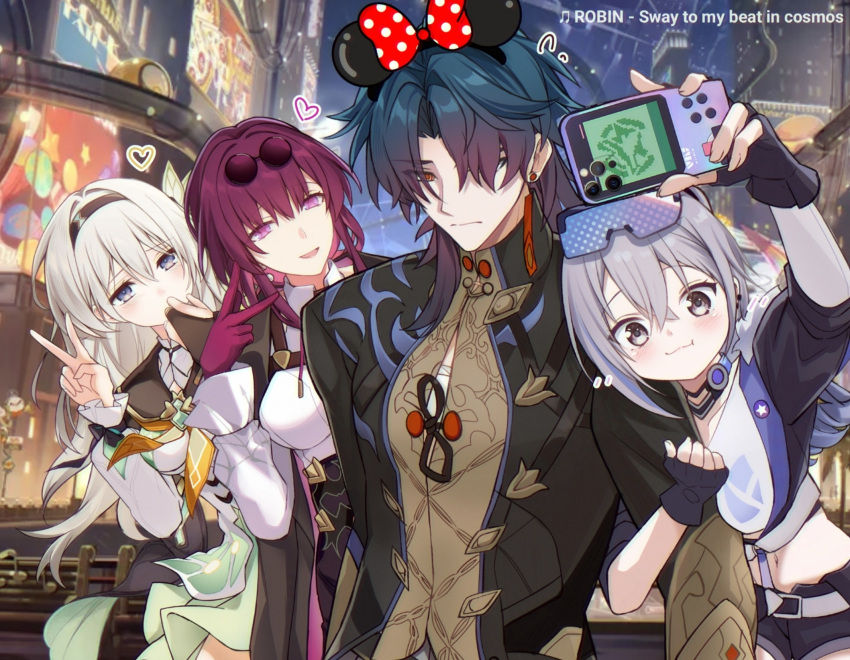 1boy, 3girls, black_gloves, black_hairband, black_jacket, blade_(honkai:_star_rail), blush, bridal_gauntlets