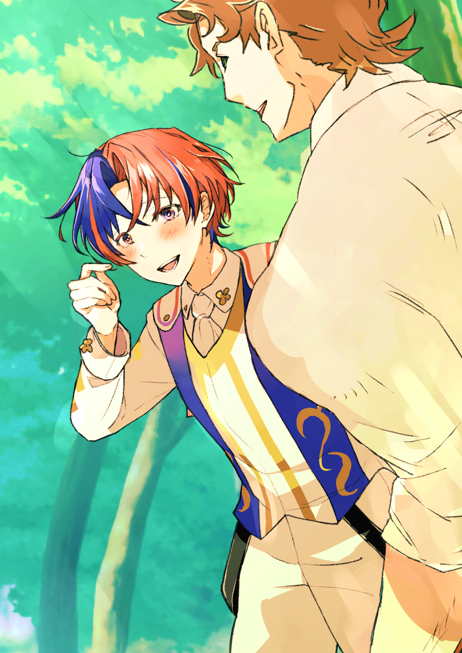 2boys, blue_eyes, blue_hair, boucheron_(fire_emblem), brown_hair, crossed_bangs, fire_emblem, fire_emblem_engage