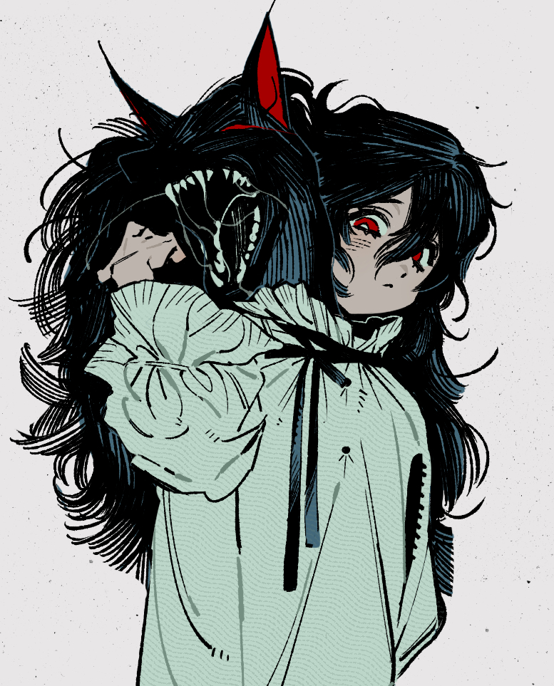 1girl, animal_head, bright_pupils, conjoined, fangs, green_pajamas, hand_up, looking_at_viewer