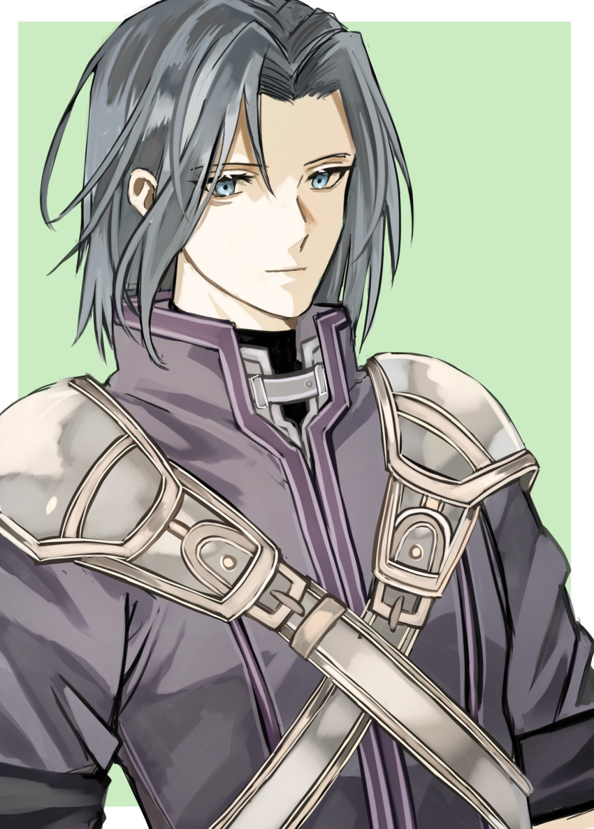 1boy, armor, blue_hair, closed_mouth, fire_emblem, fire_emblem:_radiant_dawn, green_eyes, grey_hair