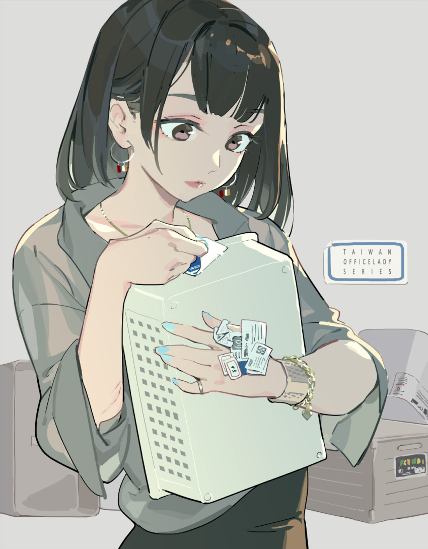 1girl, black_overalls, blue_nails, bracelet, brown_eyes, brown_hair, chain, chain_bracelet