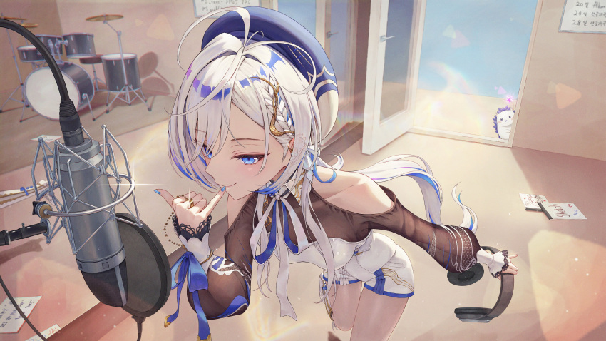 1girl, absurdres, ahoge, bare_shoulders, blue_eyes, blue_hat, blue_nails, blue_ribbon