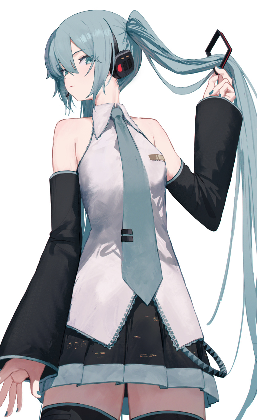 1girl, aqua_eyes, aqua_hair, aqua_nails, aqua_necktie, aqua_trim, bare_shoulders, black_sleeves