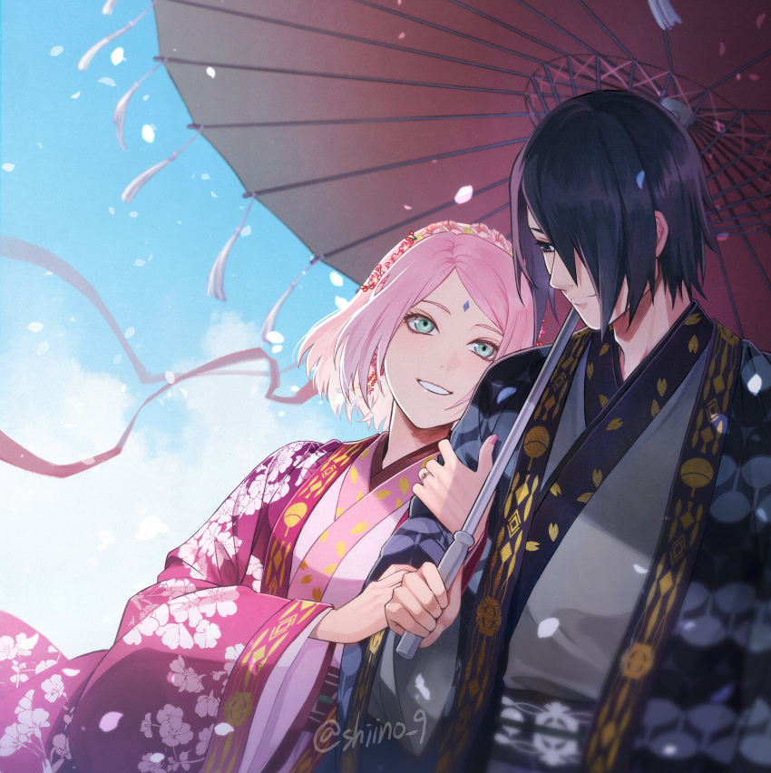 1boy, 1girl, absurdres, arm_hug, black_eyes, black_hair, boruto:_naruto_next_generations, cherry_blossoms