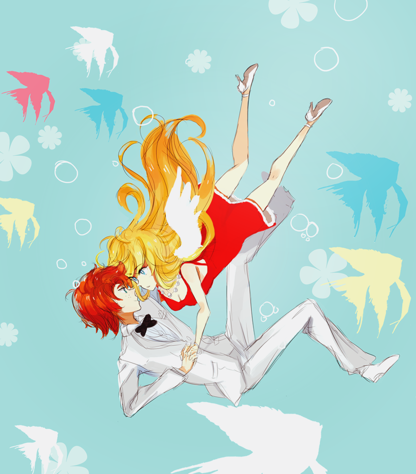 1boy, 1girl, blonde_hair, brief_(psg), bubble, couple, curly_hair, dress