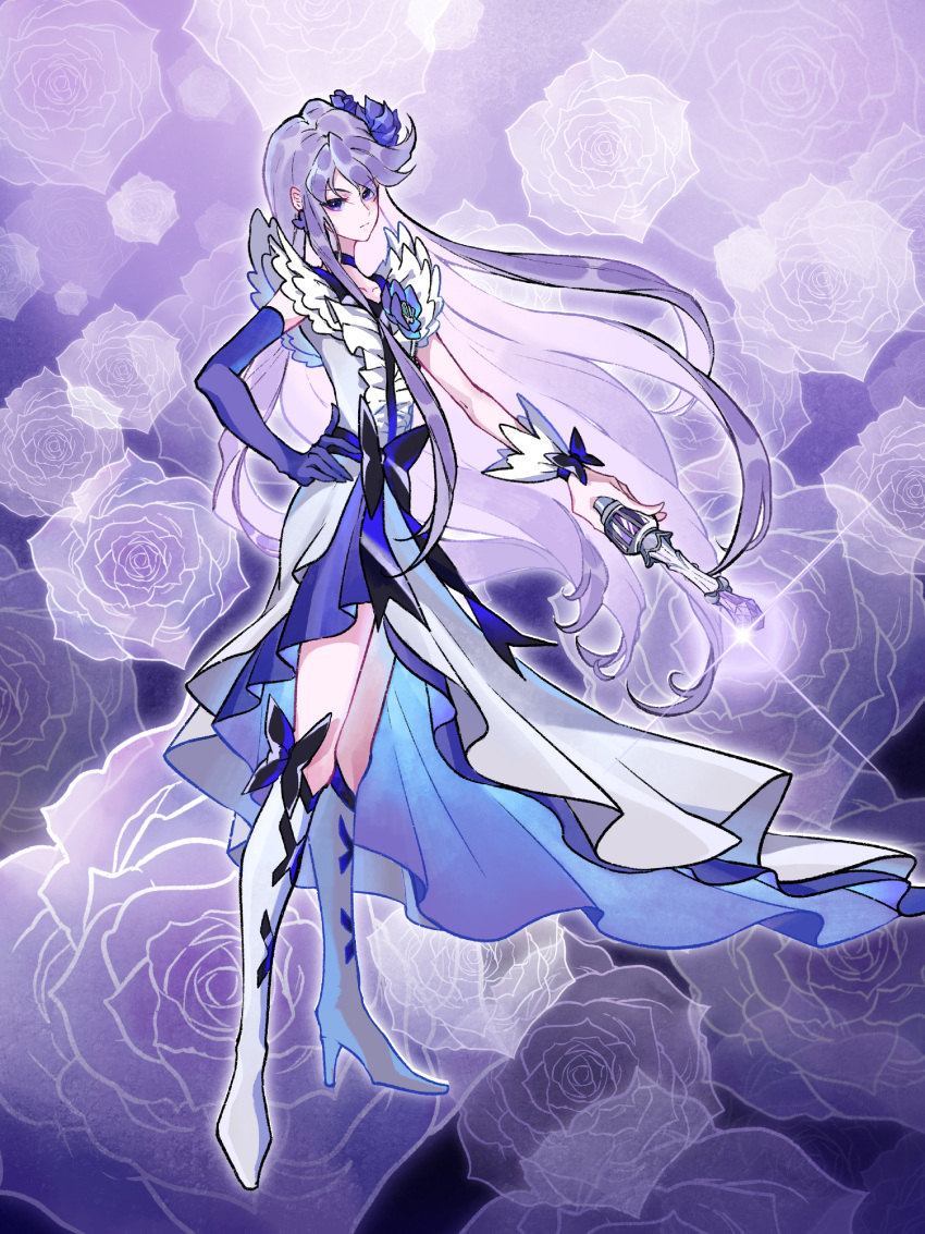 1girl, absurdres, black_bow, black_choker, black_wrist_cuffs, blue_dress, boots, bow, brooch, choker, closed_mouth, collarbone, cure_moonlight, determined, dress, earrings, elbow_gloves, floating_clothes, floating_hair, floral_background, flower, flower_brooch, flower_earrings, footwear_bow, frilled_dress, frilled_wrist_cuffs, frills, frown, full_body, gleam, gloves, hair_flower, hair_ornament, heartcatch_precure!, highres, holding, holding_wand, inhan, jewelry, knee_boots, lace-up_boots, long_dress, long_hair, precure, purple_background, purple_electricity, purple_flower, purple_hair, purple_rose, rose, side_slit, single_elbow_glove, single_wrist_cuff, sleeveless, sleeveless_dress, solo, standing, swept_bangs, tachi-e, tsukikage_yuri, tsurime, two-sided_dress, two-sided_fabric, very_long_hair, violet_eyes, waist_bow, wand, white_boots, white_dress, wrist_bow, wrist_cuffs