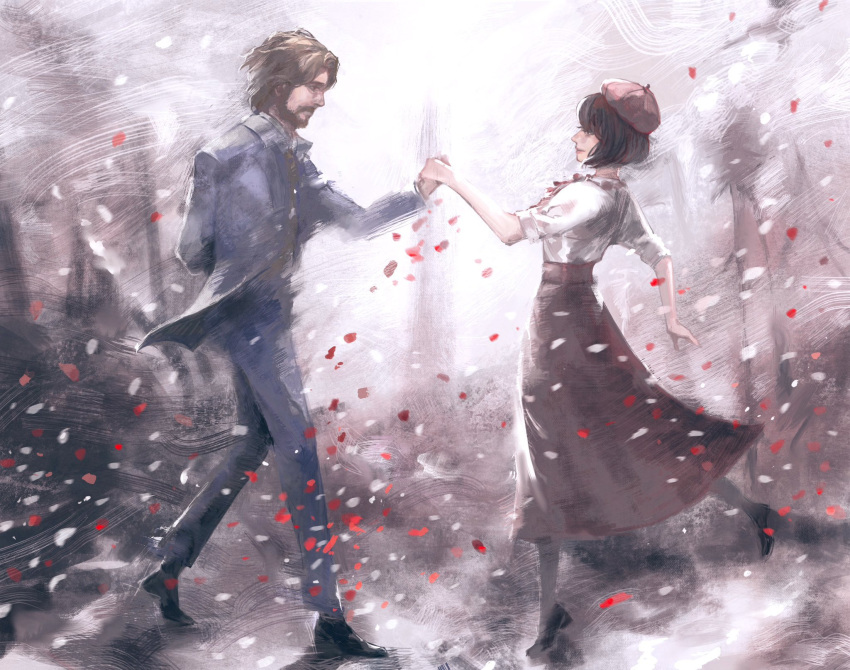 1boy, 1girl, beard, black_hair, black_shoes, blue_suit, brown_hair, clair_obscur:_expedition_33