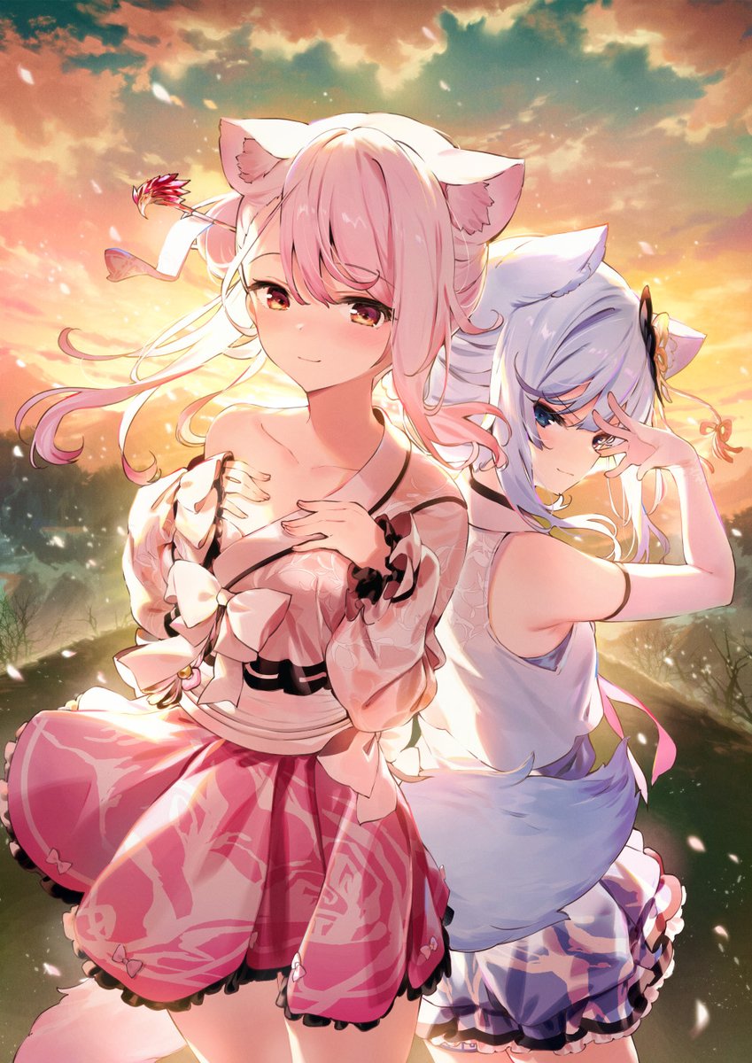 2girls, animal_ears, bare_shoulders, blue_eyes, blue_hair, fox_ears, fox_girl, fox_tail