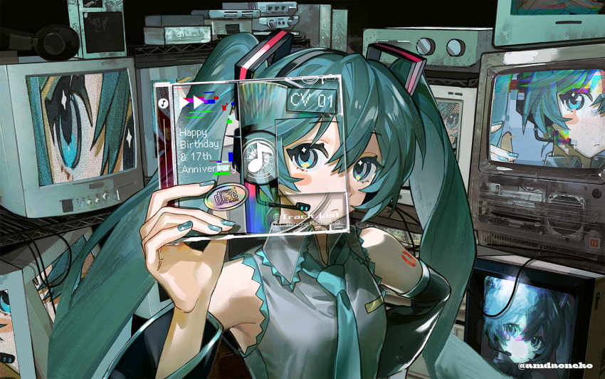 1girl, amd_aoneko, aqua_hair, black_sleeves, cd_case, detached_sleeves, grey_shirt, hatsune_miku