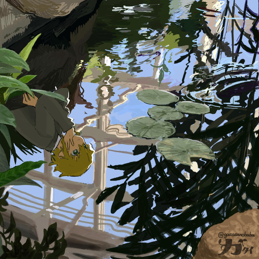 1boy, blonde_hair, gatai_(gatatanobaba), green_eyes, grey_jacket, hand_on_own_chin, highres, jacket, lily_pad, male_focus, nijisanji, plant, reflection, reflective_water, rock, short_hair, signature, solo, twitter_username, upside-down, uzuki_kou, virtual_youtuber, water