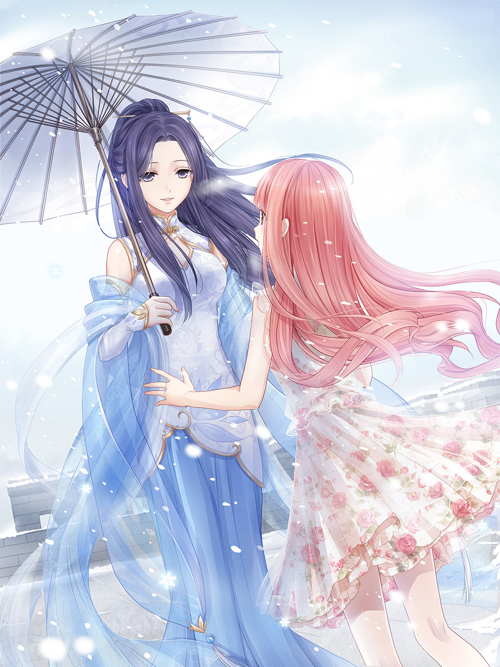 2girls, artist_request, bare_arms, bare_legs, bare_shoulders, blue_skirt, blue_sky, blue_sleeves, breath, bridal_gauntlets, brown_eyes, china_dress, chinese_clothes, chinese_hairpin, cleavage_cutout, clothing_cutout, clouds, collared_dress, cowboy_shot, day, detached_sleeves, diamond_cutout, dot_nose, dress, eye_contact, face-to-face, feet_out_of_frame, fingernails, floating_hair, floral_print, frilled_dress, frills, from_behind, game_cg, grey_eyes, hagoromo, happy, height_difference, high_collar, high_ponytail, highres, holding, holding_umbrella, long_hair, long_skirt, long_sleeves, looking_at_another, lunar_(miracle_nikki), miracle_nikki, multiple_girls, nikki_(nikki), nikki_(series), official_art, oil-paper_umbrella, open_mouth, outdoors, pink_hair, pleated_dress, pleated_skirt, pointy_nose, ponytail, purple_hair, river, rose_print, see-through_clothes, see-through_sleeves, shawl, short_dress, sidelocks, sidewalk, skirt, skirt_under_dress, sky, sleeveless, sleeveless_dress, smile, snow, standing, surprised, third-party_source, umbrella, umbrella_over_shoulder, wavy_hair, white_bridal_gauntlets, white_dress, white_umbrella, wide_sleeves, wind, winter