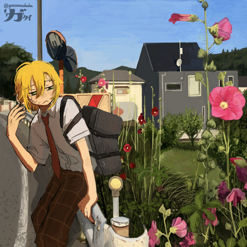 1boy, bag, blonde_hair, blush, brown_pants, collared_shirt, day, flower, gatai_(gatatanobaba), green_eyes, highres, hot, house, looking_to_the_side, male_focus, necktie, nijisanji, outdoors, pants, pink_flower, plant, red_necktie, road, school_bag, shirt, short_hair, short_sleeves, shoulder_bag, sky, solo, sweat, uzuki_kou, virtual_youtuber, white_shirt