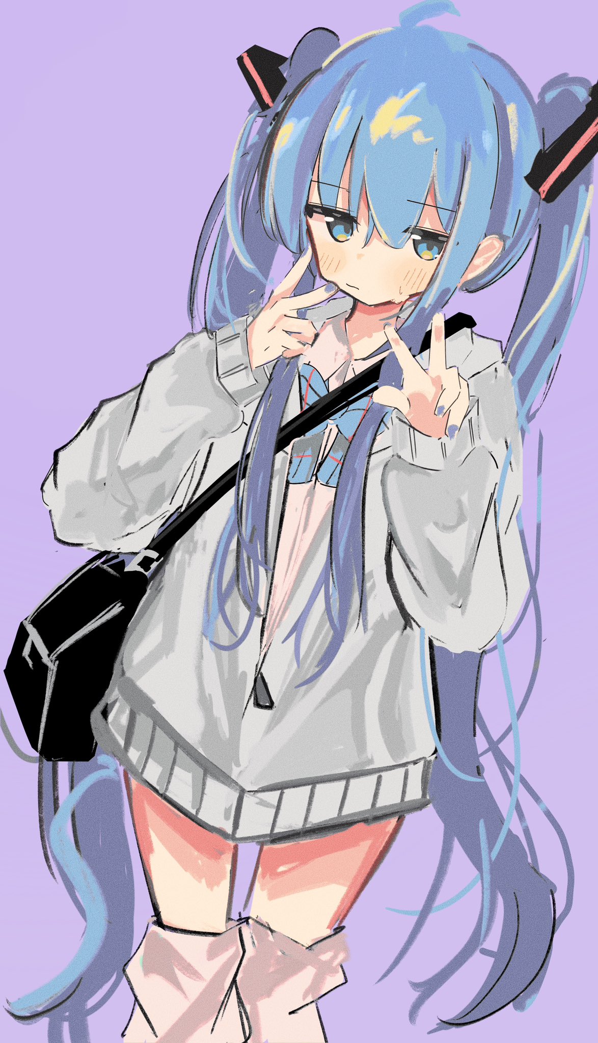 1girl, alternate_costume, black_bag, blue_eyes, blue_hair, blue_nails, fingerless_gloves, gloves