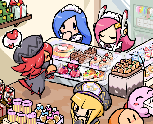 4girls, alternate_costume, black_hat, blonde_hair, blue_hair, box, cake, cake_slice