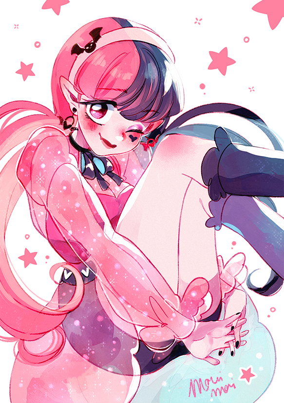1girl, bare_legs, black_hair, black_nails, black_socks, colored_skin, crossed_fingers, draculaura, earrings, fang, fingernails, heart, holamonimoni, jewelry, looking_at_viewer, monster_high, monster_high_(g3), multicolored_hair, nail_polish, one_eye_closed, pink_eyes, pink_hair, pink_shirt, pink_skin, see-through_clothes, see-through_sleeves, shirt, sign, skirt, socks, solo, twintails, two-tone_hair, white_background