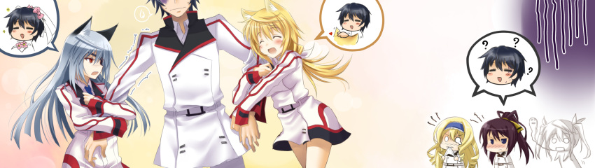 ?, animal_ears, arm_hug, blonde_hair, cat_ears, cecilia_alcott, charlotte_dunois, curly_hair, drill_hair, eyepatch, giving_up_the_ghost, hair_ribbon, hairband, head_out_of_frame, highres, huang_lingyin, human_tug_of_war, infinite_stratos, kemonomimi_mode, laura_bodewig, long_hair, multiple_girls, o_o, okitakung, orimura_ichika, ponytail, red_eyes, ribbon, shinonono_houki, silver_hair, track_jacket, turn_pale, twintails