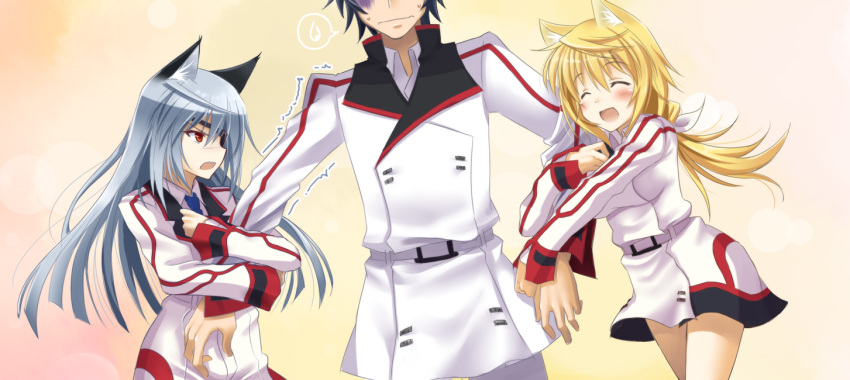 animal_ears, arm_hug, blonde_hair, cat_ears, charlotte_dunois, eyepatch, head_out_of_frame, human_tug_of_war, infinite_stratos, kemonomimi_mode, laura_bodewig, long_hair, multiple_girls, okitakung, orimura_ichika, ponytail, red_eyes, school_uniform, silver_hair, track_jacket