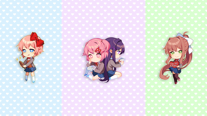 4girls, ahoge, back-to-back, black_thighhighs, blazer, blue_background, blue_eyes, blue_shoes, blue_skirt, blush, bow, box, brown_hair, brown_sweater_vest, chibi, chibi_only, chocolate_chip_cookie, closed_mouth, collared_shirt, cookie, doki_doki_literature_club, doki_doki_literature_club_plus, doki_doki_literature_club_school_uniform, dot_mouth, dot_nose, double-parted_bangs, dress_shirt, elbow_on_knee, elbow_rest, embarrassed, english_commentary, eyebrows_hidden_by_hair, floating_hair, flustered, food, from_side, full_body, furrowed_brow, game_cg, green_background, green_eyes, grey_jacket, guided_hand_on_cheek, hair_bow, hair_intakes, hair_ribbon, half-closed_eyes, head_on_hand, heart, heart-shaped_box, heart_background, high_ponytail, highres, holding, holding_cookie, holding_food, holding_letter, holding_paper, jacket, knee_up, kneehighs, legs_apart, letter, long_eyelashes, long_hair, long_sidelocks, long_sleeves, looking_at_food, looking_at_viewer, looking_down, miniskirt, monika_(doki_doki_literature_club), multiple_girls, natsuki_(doki_doki_literature_club), neck_ribbon, non-web_source, official_art, official_wallpaper, open_clothes, open_jacket, outline, paper, pink_eyes, pink_hair, pink_shoes, pleated_skirt, ponytail, profile, purple_background, purple_hair, raised_eyebrows, raised_inner_eyebrows, reading, red_bow, ribbon, satchely, sayori_(doki_doki_literature_club), school_uniform, shirt, shoes, short_hair, sidelocks, sitting, skirt, smile, socks, standing, standing_on_one_leg, sweater_vest, swept_bangs, tareme, thick_eyelashes, thigh-highs, thighs, tongue, tongue_out, tsurime, two_side_up, v-neck, v-shaped_eyebrows, valentine, very_long_hair, violet_eyes, wariza, wavy_hair, white_bow, white_outline, white_shirt, white_socks, yuri_(doki_doki_literature_club)