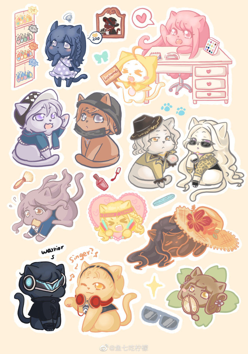 >_<, absurdres, animal, animalization, black_hat, black_mask, blunt_bangs, bread, bread_slice, brown_hair, chair, character_request, chi_xiaoyu, cloak, clothed_animal, desk, dress, ear_covers, ears_through_headwear, flower, food, food_in_mouth, hair_rings, hand_fan, happy, hat, hat_flower, headphones, headphones_around_neck, heart, highres, holding, holding_fan, holding_sign, hood, hood_up, hooded_cloak, long_hair, mask, momo_(nikki), mouth_hold, mouth_mask, mr_ande_(shining_nikki), nikki_(nikki), nikki_(series), no_humans, office_chair, on_chair, outline, pink_hair, polka_dot, polka_dot_dress, purple_dress, red_flower, shining_nikki, sign, simple_background, sitting, sleeping, sparkle, spoken_heart, squiggle, straw_hat, sun_hat, swivel_chair, toast, toast_in_mouth, tuanshan, very_long_hair, white_outline, xiaoyu_qixing, yeeso_(shining_nikki), yellow_background, yellow_cloak, yellow_hat