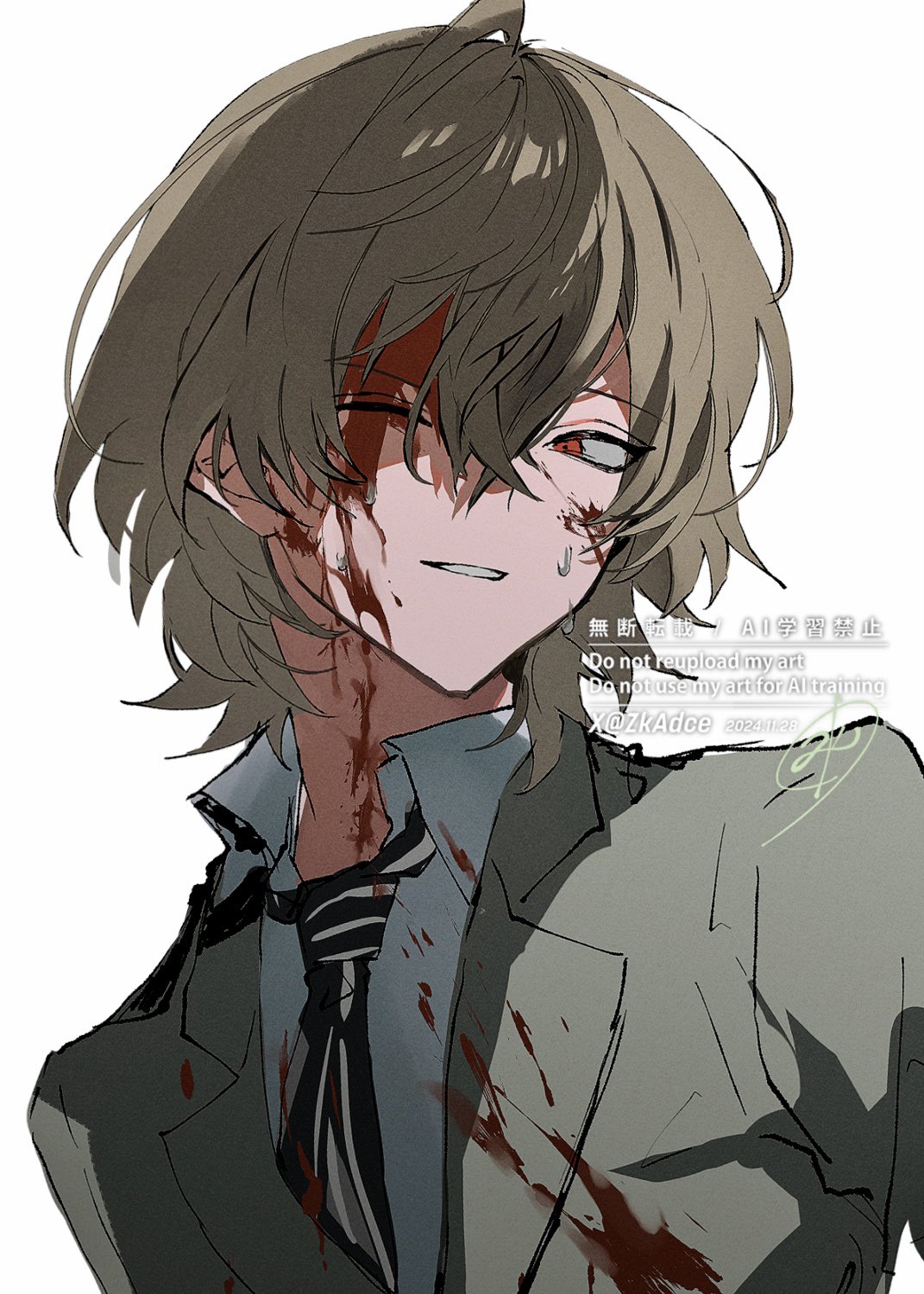 1boy, 2025, akechi_gorou, blood, blood_on_face, brown_hair, dated, english_text