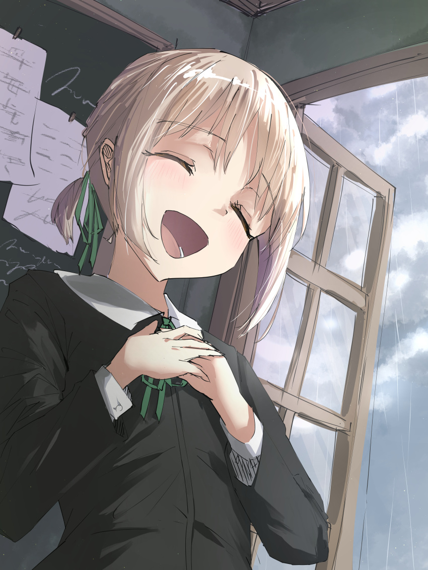 1girl, absurdres, black_shirt, brown_hair, chalkboard, closed_eyes, green_ribbon, hair_ribbon