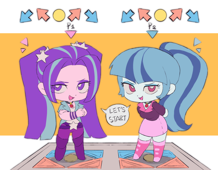 2girls, :d, aqua_jacket, aria_blaze, aria_blaze_(human), arms_behind_back, arrow_(symbol), artistic_error