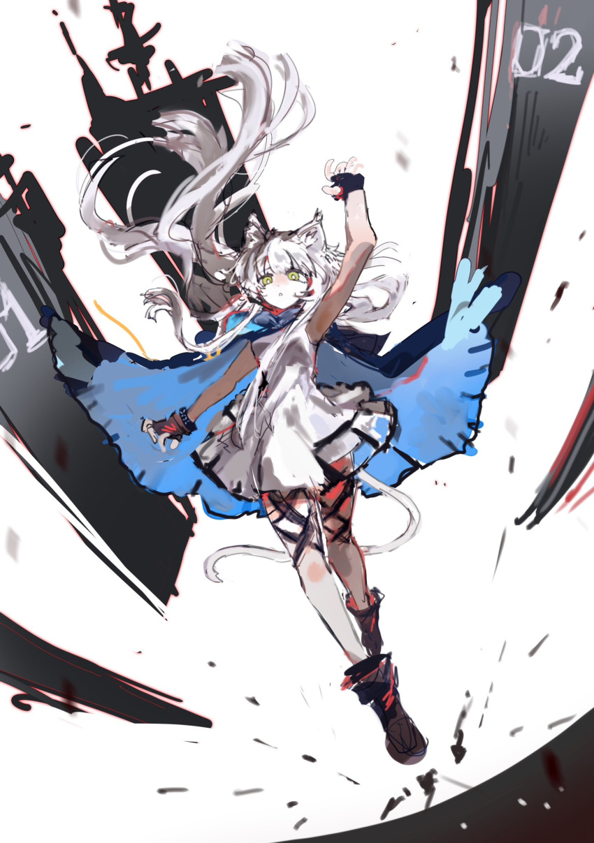 1girl, animal_ears, arknights, black_shoes, blue_cape, breasts, bright_pupils, cape, dress, energysavingmode29, full_body, green_eyes, highres, long_hair, looking_up, rosmontis_(arknights), shoes, sketch, solo, tail, very_long_hair, white_background, white_dress, white_hair, white_pupils
