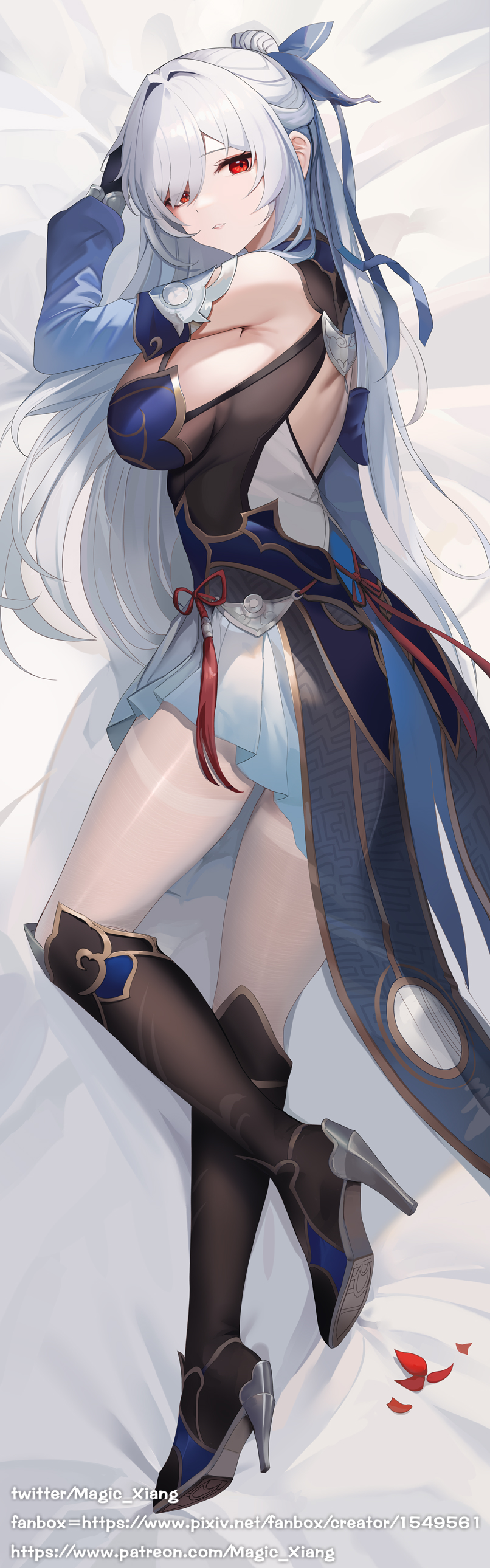 1girl, absurdres, bare_shoulders, black_gloves, blue_dress, blue_sleeves, boots, breasts, closed_mouth, detached_sleeves, dress, gloves, hair_between_eyes, high_ponytail, highres, holding, honkai:_star_rail, honkai_(series), jingliu_(honkai:_star_rail), large_breasts, long_hair, looking_at_viewer, magic_xiang, pantyhose, ponytail, red_eyes, solo, thighband_pantyhose, thighs, white_hair, white_pantyhose
